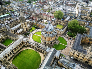 Fototapeta premium Oxford, United Kingdom. Aerial view of the College Library. Remarkable architecture of University campuses - view from above. High quality 4k footage