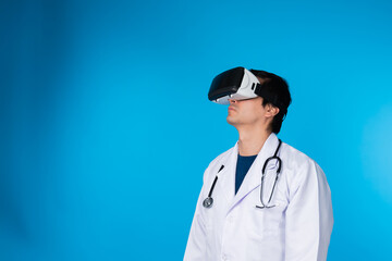 Smart doctor looking through VR headset connecting metaverse analytical medicine research isolated...