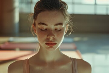 A young woman with closed eyes in a serene indoor environment, meditating and exuding tranquility. Sunlight gently highlights her face, creating a calm and reflective mood.