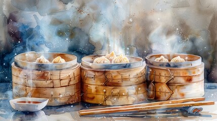Classic Chinese cuisine, a watercolor of steaming dim sum baskets and chopsticks, perfect for a culinary art display