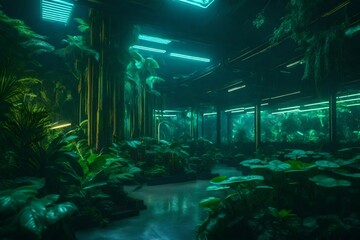 A school nestled in a dense, alien jungle, where colossal, phosphorescent plants and fungi provide an otherworldly ambiance
