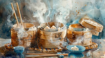 Classic Chinese cuisine, a watercolor of steaming dim sum baskets and chopsticks, perfect for a culinary art display