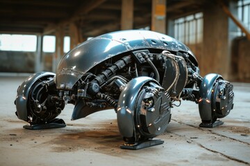 Sleek, mechanical beetle robot stands in a moody warehouse, showcasing modern robotic design