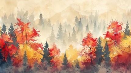 Bright red and yellow trees painted in watercolors with detailed pine trees in the background, ideal for a lively wall mural