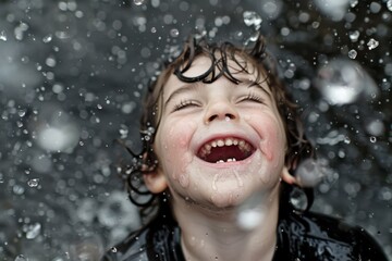 Close-up of a happy child laughing with water droplets around him, enjoying outdoor playtime in a carefree and joyful moment.