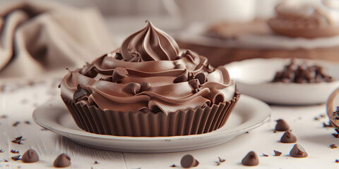 Chocolate cupcake with chocolate chips and Isolated with white background.