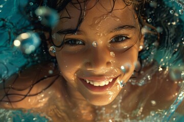 Close-up of a happy child enjoying a swim in the pool, smiling with water droplets on face on a sunny day.