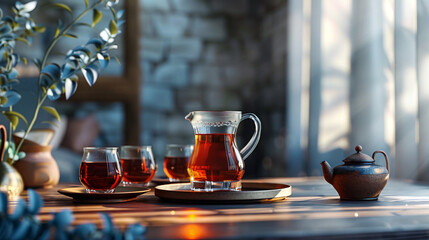 cup of tea on the table Aromatic beverage in glass mug and teapot arranged with lemons and heaps of dried tea leaves on table on black background - Powered by Adobe