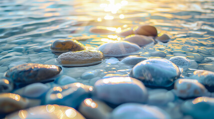 Sunlight reflecting on rocks and pebbles in the water