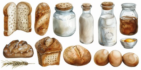 Artistic watercolor set featuring food stamps with bread, milk, and eggs, styled in an oldfashioned design for educational posters