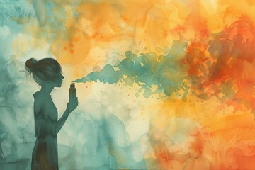 Artistic watercolor representation of a woman and an aerosol can, emitting a delicate cloud of powders in shades of light orange and teal