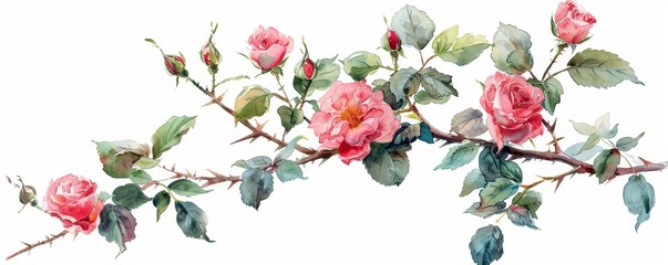 Artistic watercolor of a single floral branch, featuring pink roses and detailed green leaves, perfect for fine art and decoration