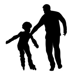 Family silhouettes. Father teaches daughter to roller skate. Vector illustration