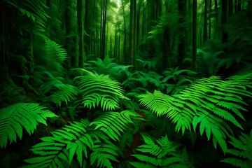 **Dense emerald ferns unfurling their fronds, creating a textured carpet of greenery that stretches into the horizon, a testament to the beauty of nature's patterns
