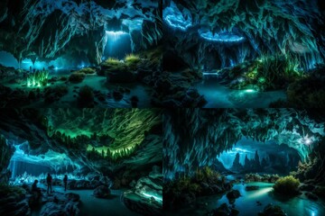 A school hidden deep within a crystalline cave, where bioluminescent plants and minerals create a dazzling, natural light display