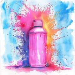 Artistic watercolor depiction of a pink aerosol can with an explosion of colorful powders, suitable for vibrant advertising backgrounds