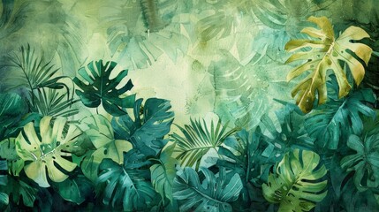 Abstract botanical watercolor with layers of green shades and textured monstera leaves, ideal for a fresh, junglethemed wallpaper