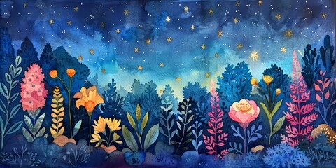 A watercolor painting of a starry night with dreamlike flora emerging in the foreground, vibrant and inviting for imaginative themes