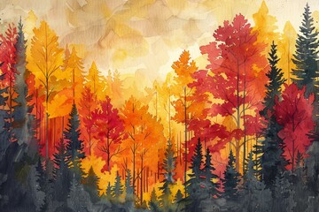 A scenic watercolor depiction of a colorful autumn forest with contrasting red and yellow foliage against dark pine trees