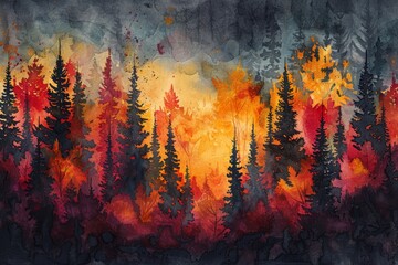 A scenic watercolor depiction of a colorful autumn forest with contrasting red and yellow foliage against dark pine trees