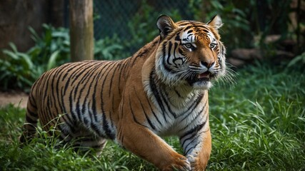 Obraz premium Majestic tiger captured mid-stride, moving gracefully through lush green environment. Powerful muscles evident beneath vibrant, striped fur, showcasing animals strength, agility.