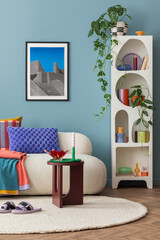 Interior desgin of modern living room interior with mock up poster frame, colorful decorations and...