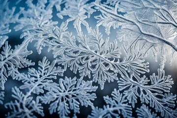 The intricate patterns of frost forming on a windowpane on a cold winter morning