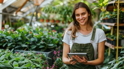 Happy Female Worker in Garden Center, Using Tablet to Ensure Plant Health