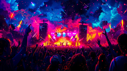 A vibrant concert scene filled with enthusiastic concert-goers standing near the stage