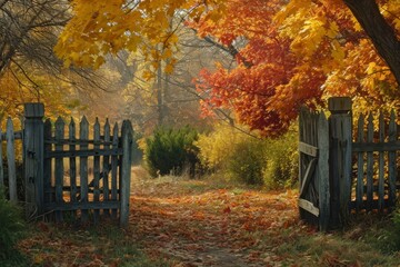 Idyllic autumn scene with an open wooden gate surrounded by vibrant fall leaves