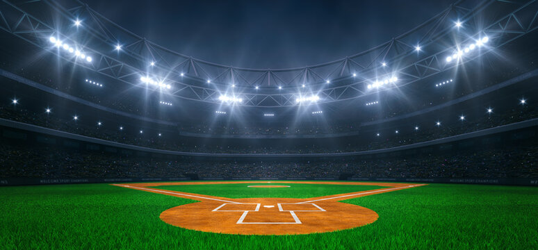 Modern sport stadium at night and baseball field ready for the match. Professional sports background for advertisement.