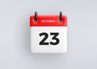 3D calendar icon with date 23 October on grey background. Vector schedule symbol.