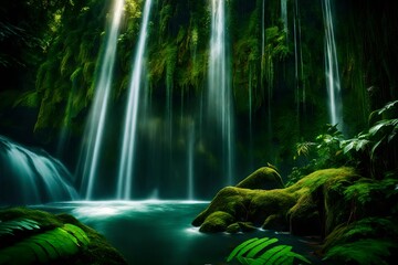 **A mesmerizing, close-up view of a majestic waterfall surrounded by lush greenery in a hidden jungle. The water glistens under the sunlight, captured by an HD camera