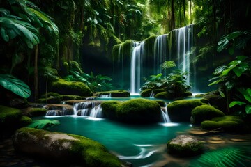 A serene waterfall hidden deep within a lush, emerald jungle, its waters cascading gracefully into a tranquil pool surrounded by vibrant foliage