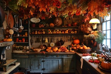 Warm kitchen setting adorned with fall decor, pumpkins, and leaves, evoking a festive autumn atmosphere