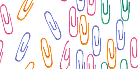 Fun color paper clips set. Set of watercolor seamless pattern. Illustration of school supplies. Green, violet, pink and orange. Hand drawn isolated on transparent.