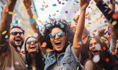Obraz premium Outdoor Celebration Concept - Friends Enjoying Festive Street Party with Confetti
