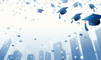 Urban Graduation Concept - Graduation Caps in the Sky Over Cityscape