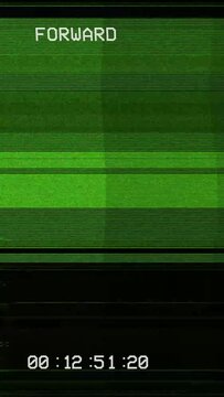 Vintage VHS (Video Home System) defects noise and artifacts effect. Glitches error from an old tape or old TV. No signal tv glitch effect. Forward, rewind and stop scenes