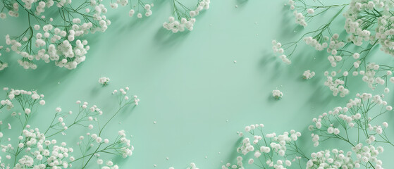 Pastel mint green background with white flowers frame desktop wallpaper with gypsophila flowers minimalist banner