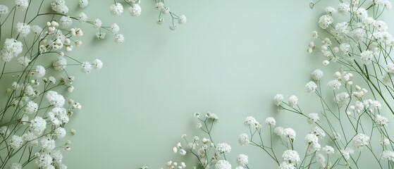 Pastel mint green background with white flowers frame desktop wallpaper with gypsophila flowers minimalist banner
