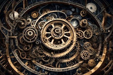 An immense, surreal clockwork mechanism, suspended in a starry void, its gears and cogs spinning with cosmic precision - Powered by Adobe
