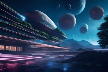 An ultra-modern, levitating school building set against a backdrop of a mesmerizing, alien landscape with multiple moons