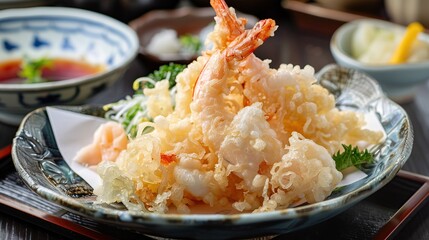 Bowl of Shrimp Tempura with soy sauce. AI Generative