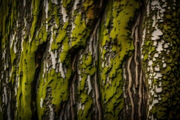 The textured surface of ancient, moss-covered tree bark