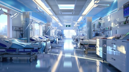 Obraz premium a bustling hospital corridor, lined with rooms bustling with activity, symbolizing the dynamic and vital nature of healthcare.