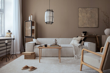 Interior design of living room with mock up poster frame, ąćeige sofa, glass coffee table, beige...