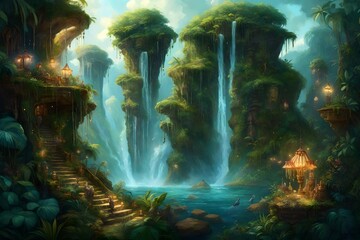A surreal, floating island of cascading waterfalls, lush vegetation, and exotic, fantastical creatures in a breathtaking high-definition view..