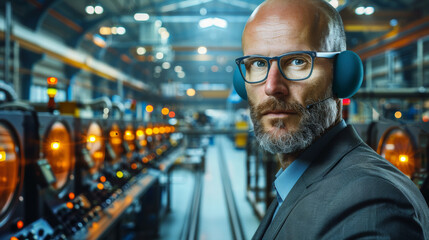 Portrait of a mature Caucasian man with a beard and glasses in a blue suit and headphones standing in an industrial factory.