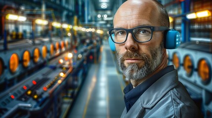 Obraz premium Portrait of a mature Caucasian man with a beard and glasses in a blue suit and headphones standing in an industrial factory.